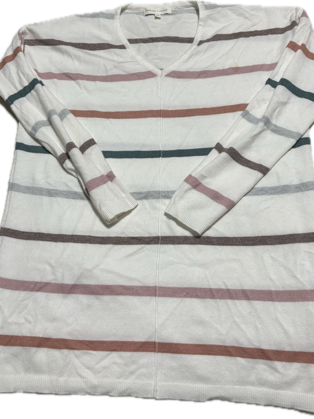 bohme White V-Neck Sweater with Multicolor Stripes